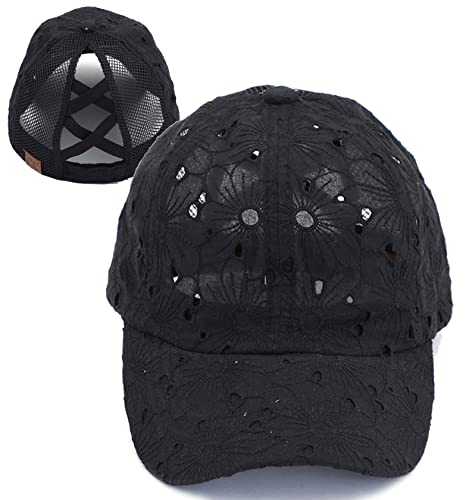 Funky Junque Criss Cross Hat Damen Baseball Cap Distressed Pferdeschwanz Messy Bun Trucker Ponycap, Baumwollösen, Schwarz, Einheitsgröße von Funky Junque