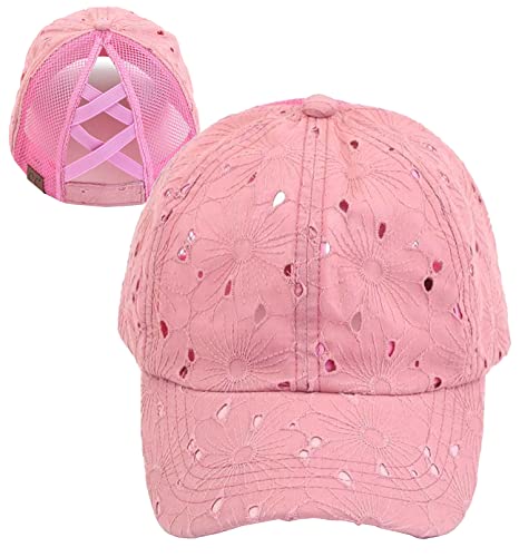 Funky Junque Criss Cross Hat Damen Baseball Cap Distressed Pferdeschwanz Messy Bun Trucker Ponycap, Baumwollösen – Rose, Einheitsgröße von Funky Junque