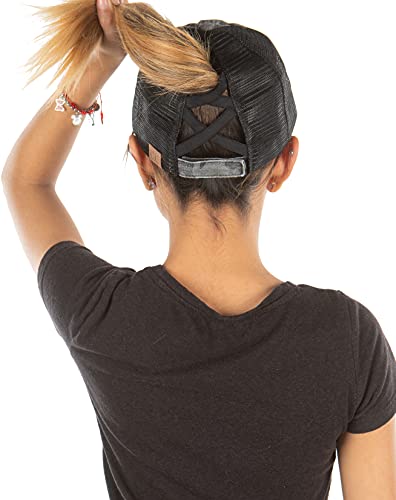 Funky Junque Criss Cross Hat Damen Baseball Cap Distressed Pferdeschwanz Messy Bun Trucker Ponycap, Schwarzes Netzgewebe, schwarzes Camouflage-Muster (Used-Look), Einheitsgröße von Funky Junque
