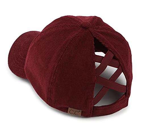 Funky Junque Criss Cross Hat Damen Baseball Cap Distressed Pferdeschwanz Unordentlicher Dutt Trucker Ponycap, Cord, Berry, Einheitsgröße von Funky Junque
