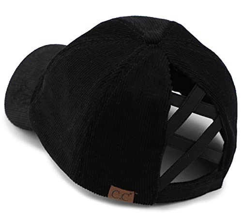 Funky Junque Criss Cross Hat Damen Baseball Cap Distressed Pferdeschwanz Unordentlicher Dutt Trucker Ponycap, Cord, Schwarz, Einheitsgröße von Funky Junque