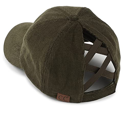 Funky Junque Criss Cross Hat Damen Baseball Cap Distressed Pferdeschwanz Unordentlicher Dutt Trucker Ponycap, Kordsamt - Olivgrün, Einheitsgröße von Funky Junque