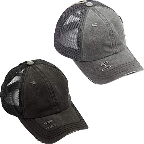 Funky Junque Criss Cross Hat Damen Baseballkappe Distressed Pferdeschwanz Messy Bun Trucker Ponycap, 2er-Pack - Schwarz & Grau, Einheitsgröße Funky Junque Criss Cross Hat Damen Baseballkappe Distressed Pferdeschwanz Messy Bun Trucker Ponycap, 2er-Pack - Schwarz & Grau, Einheitsgröße von Funky Junque