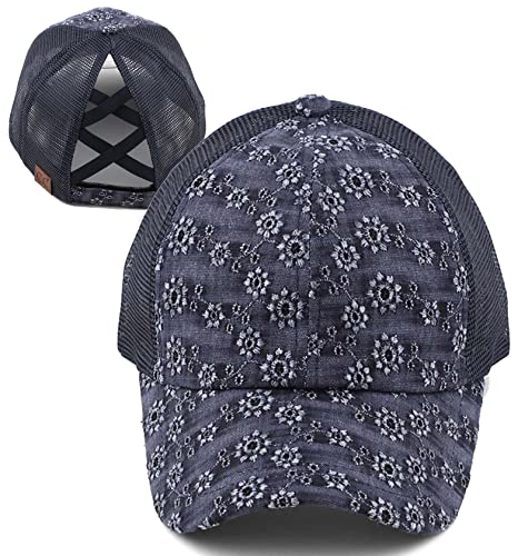 Funky Junque Criss Cross Hat Damen Baseballkappe Distressed Pferdeschwanz Messy Bun Trucker Ponycap, Öse - Marineblau, Einheitsgröße von Funky Junque