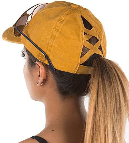 Funky Junque Criss Cross Hat Damen Pferdeschwanz Unordnung Bun Side Buttons Baseball Cap - Gelb - Einheitsgröße von Funky Junque