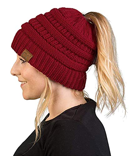 Funky Junque Damen Beanie Pferdeschwanz Messy Bun BeanieTail Solid Ribbed Hat Cap, Burgunder, Einheitsgröße von Funky Junque