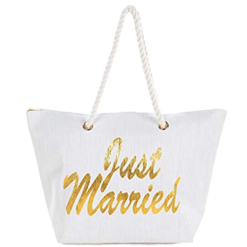 Funky Junque Damen Strandtasche mit Spruch, große Stroh-Reisetasche, Braun (Just Married), Einheitsgröße von Funky Junque