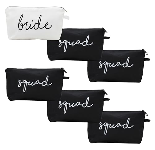 Funky Junque Make-up-Tasche Bride Squad Kulturbeutel Kosmetiktasche Brautdusche Junggesellinnenabschied Gastgeschenke Reise Organizer, 6er-Packung: 1 Braut (weiß) und 5 Squad (schwarz), Einheitsgröße, von Funky Junque