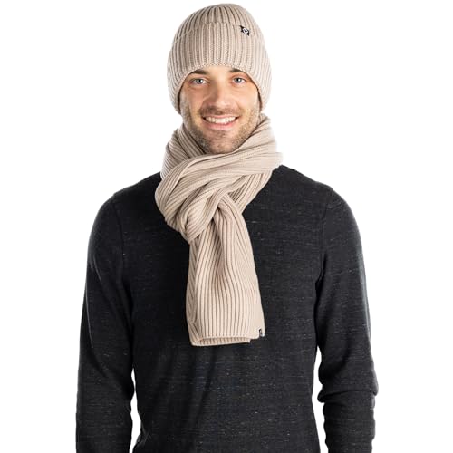 Funky Junque Mütze Schal Set für Männer Frauen Passende Beanie Winterkleidung Weihnachtsgeschenke Warme Strickmütze Schals Mode, Gerippter Strick - Beige, Einheitsgröße von Funky Junque