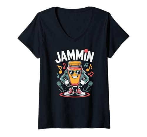Damen Jammin Cool Jar Musiknoten Fun T-Shirt mit V-Ausschnitt Damen Jammin Cool Jar Musiknoten Fun T-Shirt mit V-Ausschnitt von Funky Musical Jam Vibes Jar Character