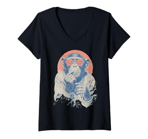 Damen Monkey Vibes im Retro-Look T-Shirt mit V-Ausschnitt Damen Monkey Vibes im Retro-Look T-Shirt mit V-Ausschnitt von Funky Primate Style Collective