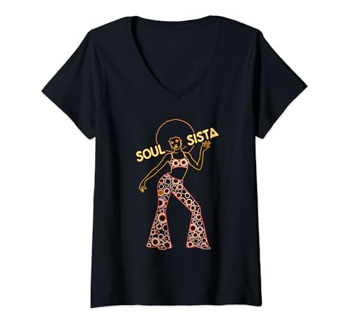 Damen Soul Sista 70er Jahre Soul Music Retro Disco Black Funk Afro Girl T-Shirt mit V-Ausschnitt von Funky Soul Music Lover 1970s Men Women Tees