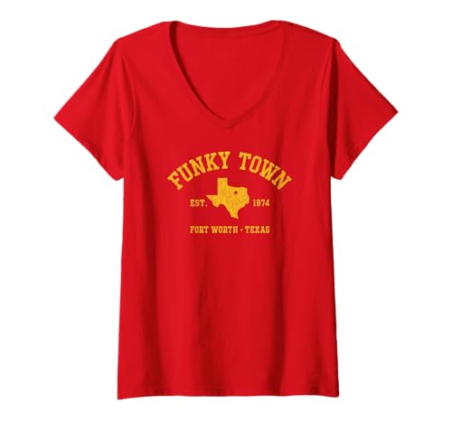 Damen Funky Town Fort Worth TX Athletic Design mit Details T-Shirt mit V-Ausschnitt von Funky Town Fort Worth Texas Athletic W Details Art