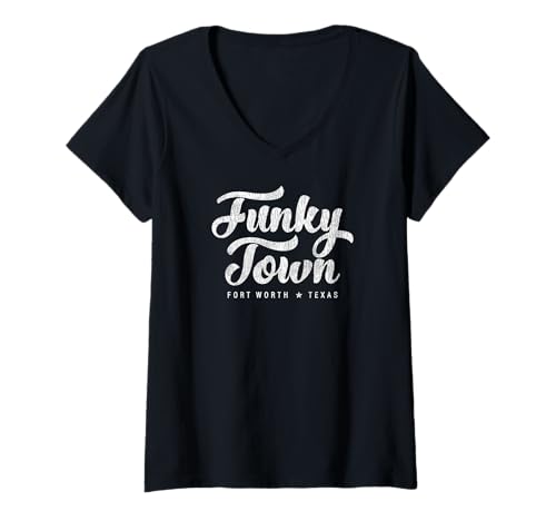 Damen Funky Town Fort Worth TX Script Design mit Details T-Shirt mit V-Ausschnitt Damen Funky Town Fort Worth TX Script Design mit Details T-Shirt mit V-Ausschnitt von Funky Town Fort Worth Texas Design Studio