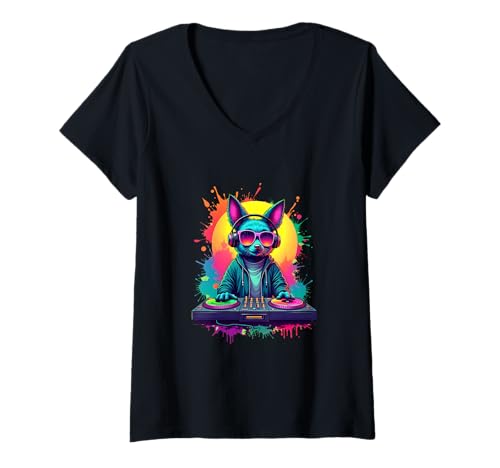 Damen DJ Fox im Retro-Pop-Art-Stil T-Shirt mit V-Ausschnitt Damen DJ Fox im Retro-Pop-Art-Stil T-Shirt mit V-Ausschnitt von Funky Wild Beats