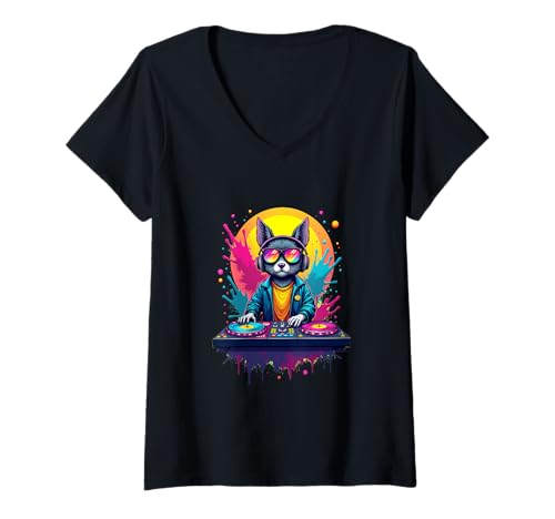 Damen DJ Fox im Retro-Pop-Art-Stil T-Shirt mit V-Ausschnitt Damen DJ Fox im Retro-Pop-Art-Stil T-Shirt mit V-Ausschnitt von Funky Wild Beats