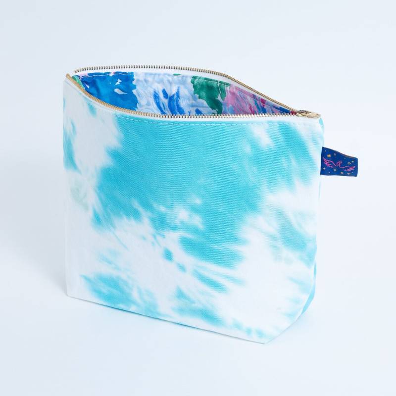 Blau Grün Hand Krawattengefärbte Reißverschlusstasche - Große Schminktasche Geldbeutel Rucksack & Reise Organisation Upcycling Floral Futter 100% von FunkyFirebird