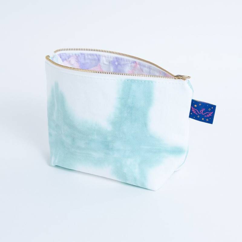 Teal Grün Hand Krawattengefärbte Reißverschlusstasche - Medium Makeup Bag Geldbeutel, Rucksack & Reise Organisation Upcycled Floral Futter 100% von FunkyFirebird