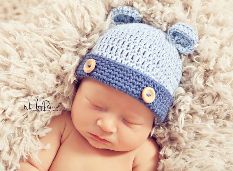 Baby Teddy Bär Hut Junge Blau Mütze Tier Ohren Foto Requisite Bambus Häkeln Geschenk Frühchen Neugeborenes - 6 Monate von FunkyKnitsUK