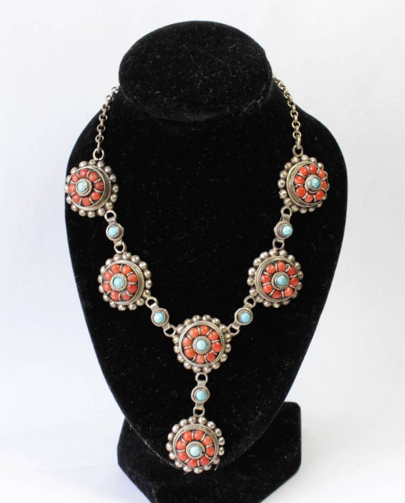 Handgemachte Nepal Boho Reine Silber Rote Koralle Türkis Halskette Weihnachtsgeschenk von Funkyfashionate