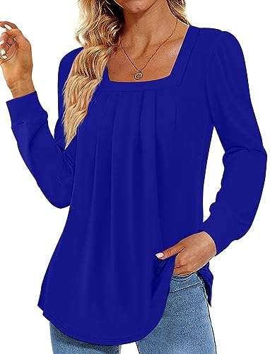 Funlingo 2023 Frauen Langarm Tops Dressy Plissee Square Neck Tunika Blusen Casual Lose Shirts, 02-royal blau, Large von Funlingo