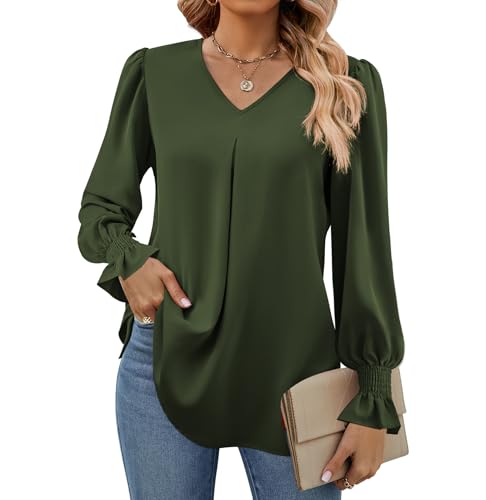 Funlingo Damen 2024 Langarm-Tops, elegant, lässig, V-Ausschnitt, Tunika, Hemden, lose Chiffon-Arbeitsbluse, Grün (Army Green), XX-Large von Funlingo