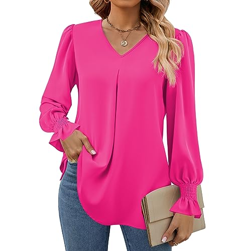 Funlingo Damen 2024 Langarm-Tops, elegant, lässig, V-Ausschnitt, Tunika, Hemden, lose Chiffon-Arbeitsbluse, 00_Rose Red Pink, Large von Funlingo