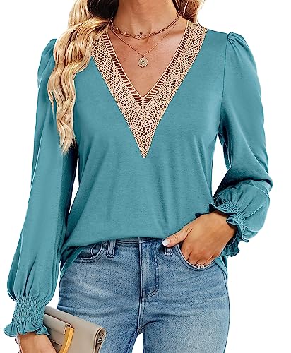 Funlingo Damen Casual Spitze V-Ausschnitt T Shirts Dressy Smocked Puff Langarm Tops Lose Tunika Blusen, Seeblau, Mittel von Funlingo