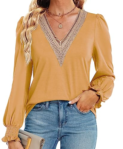 Funlingo Damen Casual Spitze V-Ausschnitt T Shirts Dressy Smocked Puff Langarm Tops Lose Tunika Blusen, gelb, Klein von Funlingo