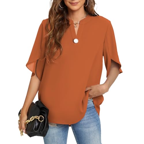 Funlingo Damen Sommer Tops Kurzarm/Langarm Casual Shirts V Ausschnitt Chiffon Dressy Bluse Tops, 01_brown, X-Groß von Funlingo