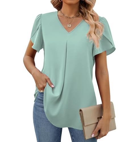 Funlingo Damen-Sommer-Top, kurzärmelig, elegante Chiffon-Blusen, V-Ausschnitt, Arbeitstunika, Tops, lässig, lose T-Shirts, Aqua-Grün, X-Groß von Funlingo
