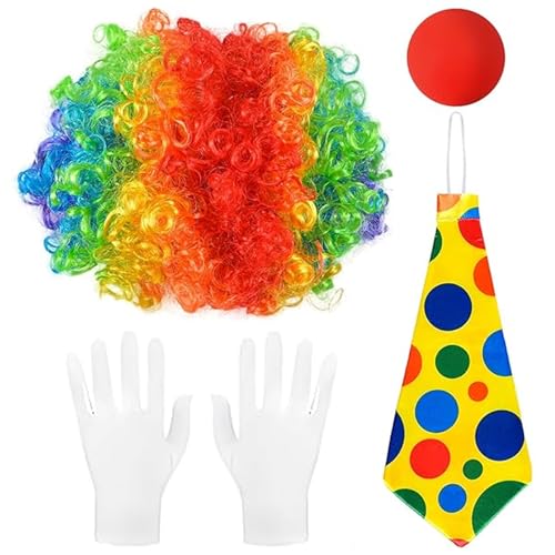 4 Stück Clown Kostüm Accessoire, Clown Perücke, Clown Lockenperücke + Clownsnase + Handschuhe + Bunte Krawatte , Fasching Karneval Kostüme für Kinder Damen Herren von Funmo