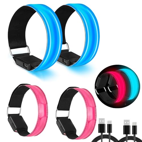 Funmo 4 Stück LED Armband Aufladbar, Leuchtarmband USB Reflektorband Reflective Band Led Armbänder Leuchtband Kinder Reflektorbänder für Kinder Erwachsene Laufen, Joggen und Radfahren von Funmo