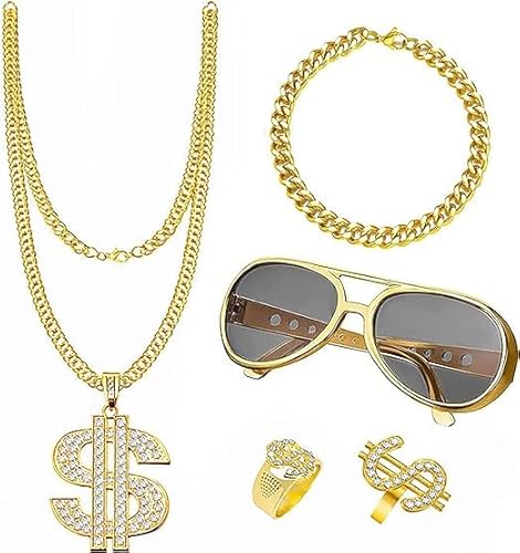 Funmo 5 Stück Dollar Kette Dollarzeichen Ring Rockstar Brille Rapper Set Goldene Dollar Kette & Ring 80er 90er Outfit Herren Kostüm Hiphop Schmuck Gold Millionär für Karneval C (Art Deco) von Funmo