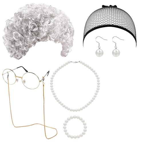 7 Stück Oma Kostüm Großmutter, Oma Cosplay Zubehör, Oma Perücke Kostüm Accessoire Set, Silber Graue Perücke, Armband Oma Brille mit Kette, für Fasching Karneval Halloween Damen Mädchen von Funmo