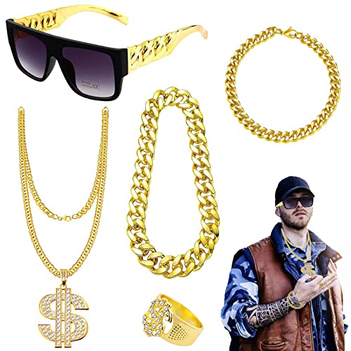 Funmo Dollar Kette Set,5 Stücke Hip Hop Kostüm Set, 80er Jahre Kostüm Goldene Dollar Kette 80s/90s Rapper Accessories Hip Hop Schmuck Gold für für Männer Frauen Fasching Karneval von Funmo