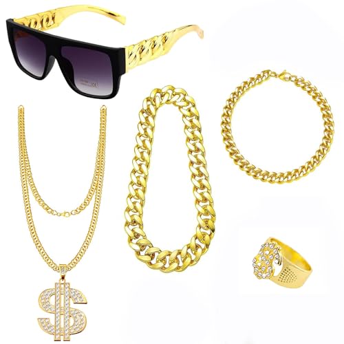 Funmo Dollar Kette set,Hip Hop Kostüm Set,Hop Rapper Zubehör 80er Jahre Outfit Herren Dollar Kette set Kette Dollarzeichen Ring Rockstar Herren 70er 90er Faschingszubehör Mottopartys (A) von Funmo