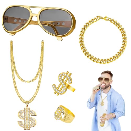 Funmo Hip Hop Kostüm Kit, 5St Halskette Dollar Ring Goldkette Armband,80er 90er Outfit Herren Kostüm Hiphop Schmuck Gold Millionär für Fasching Karneval Party Foto Requisiten von Funmo