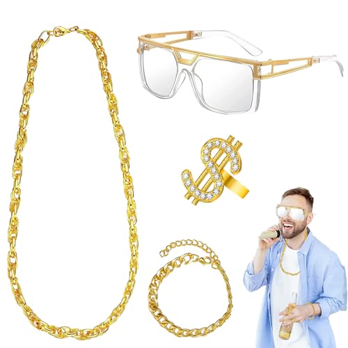 Funmo Hip Hop Kostüm Kit 4 Stück Rapper Set,Hip Hop Halskette Ring Armband Brille, Ring Retro Sonnenbrillen Armband Zuhälter Kostüm Hip Hop Schmuck Accessories für Fasching & Karneval Cosplay Kostüm von Funmo