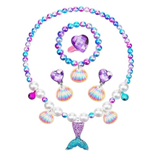 Funngy Mädchen Meerjungfrau Schmuckset, 5 PCS Party Kostüm Schmuck Set, Meerjungfrau Kette Dress Up Geschenk Enthalten, Halskette Ringe Armbänder Ohrring Set von Funngy