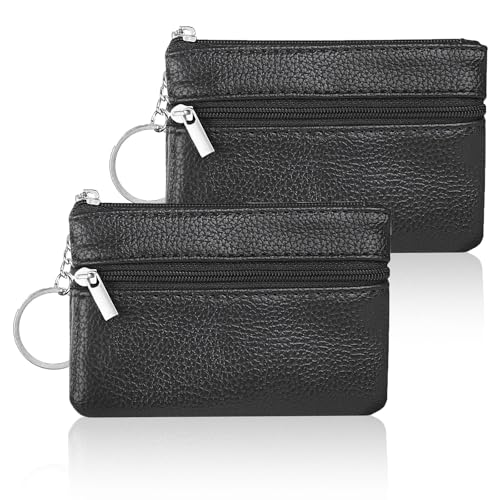 Schlüsseltasche,2 PCS Leder Schlüsseltasche Mini für Damen und Herren Schlüsseletui mit 2 Reißverschlussfächern und Schlüsselring Autoschlüssel Etui Münzgeldbeutel Kleingeldbörse Schwarz von Funngy