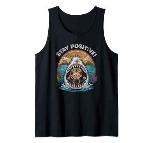 Stay Positive Shark Volcano Adventure, Vintage-Zeichentrickfilm für Kinder Tank Top Stay Positive Shark Volcano Adventure, Vintage-Zeichentrickfilm für Kinder Tank Top von Funny, Mood, Quote, Minimalist