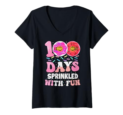 Damen Donut-Liebhaber-Geschenke für Mädchen, 100 Tage lang mit lustigen T-Shirts bestreut T-Shirt mit V-Ausschnitt von Funny 100th Day of School Apparel for Kid Boy Girl