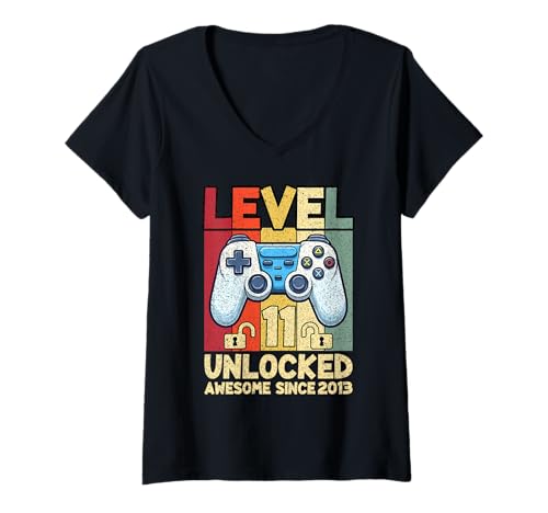 Damen Level 11 Unlocked Video Gamer Awesome Since 2013 11th Bday T-Shirt mit V-Ausschnitt Damen Level 11 Unlocked Video Gamer Awesome Since 2013 11th Bday T-Shirt mit V-Ausschnitt von Funny 11 years old birthday gift idea