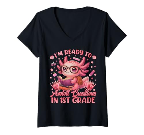 Damen Bereit für die 1. Klasse Axolotl Question Süßer erster Schultag T-Shirt mit V-Ausschnitt von Funny 1st Day Of School First Grade Apparel Gifts