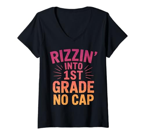 Damen 1. Klasse Back to School Rizzin Into 1. Klasse Jungen Mädchen T-Shirt mit V-Ausschnitt Damen 1. Klasse Back to School Rizzin Into 1. Klasse Jungen Mädchen T-Shirt mit V-Ausschnitt von Funny 1st Grade Back to School Rizz Tees & Apaprel