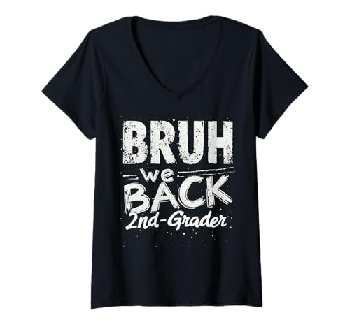 Damen Lustige 2. Klasse Back to School, Bruh We Back First Day Boys T-Shirt mit V-Ausschnitt von Funny 2nd Grade Back to School Costume Gifts Idea