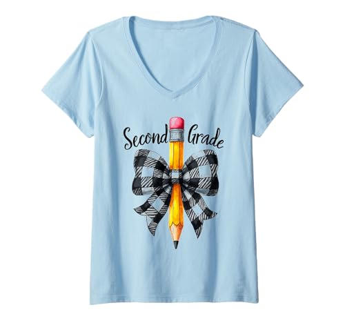 Damen Niedlicher Bleistift für Lehrer oder Schüler der zweiten Klasse T-Shirt mit V-Ausschnitt von Funny 2nd Grade Costume For Back To School Gifts