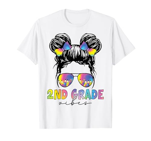 2. Klasse Vibes Unordentlicher Haarbrötchen für Mädchen, zurück zur Schule, erster Tag T-Shirt von Funny 2nd Grade Vibes