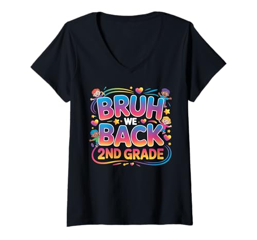 Damen Schulanfang für Schüler der 2. Klasse Bruh We Back Kids T-Shirt mit V-Ausschnitt von Funny 2nd grade Back to school costume gifts idea